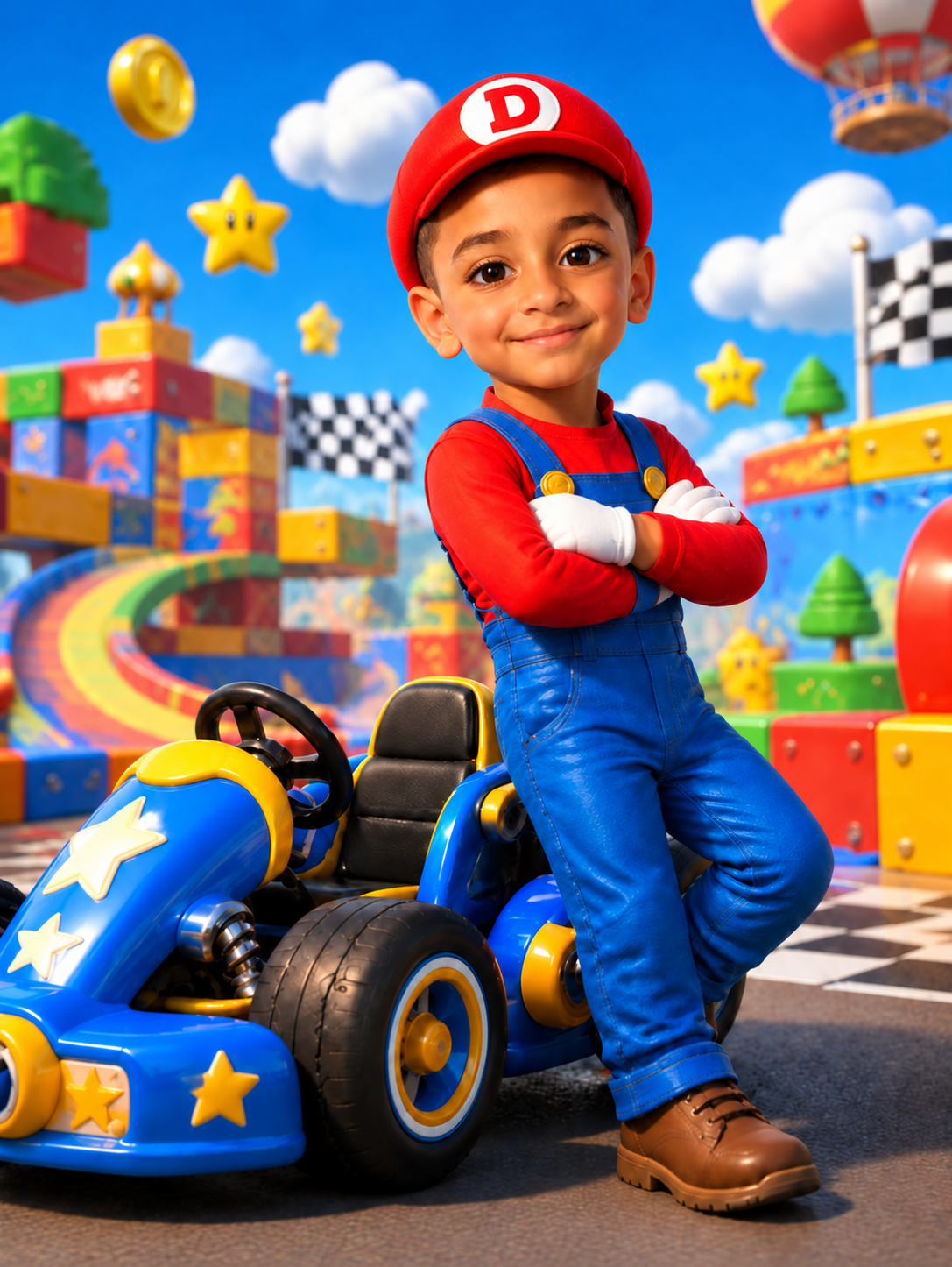 Davi em estilo 3D cartoon, sorrindo, de boné e macacão, encostado no kart azul numa pista cercada de blocos coloridos
